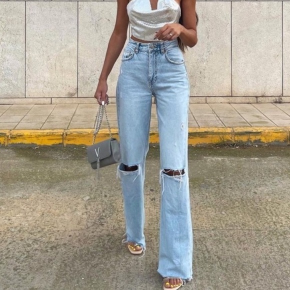 Zara Denim - Zara Wide Leg Full Length Ripped High Waited Jeans